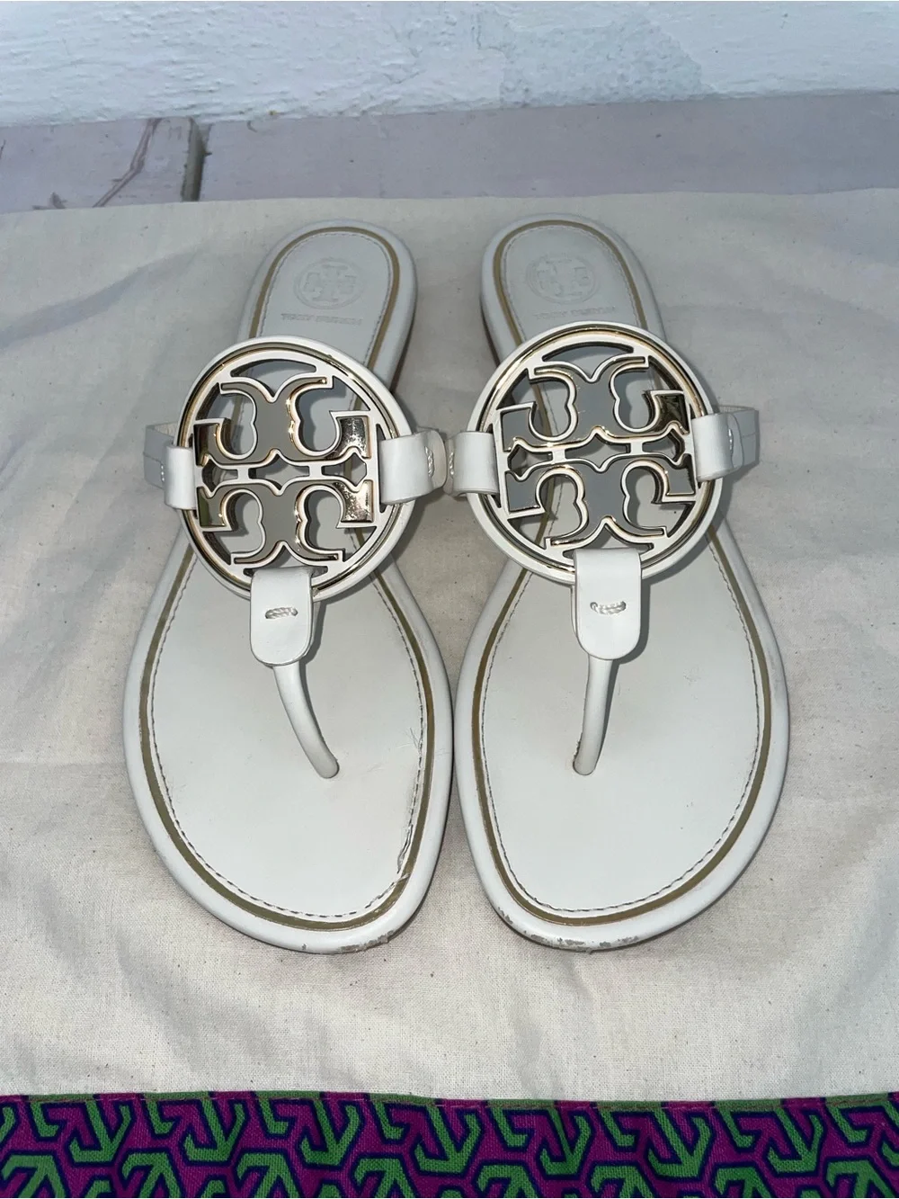 Tory Burch White Leather Gold Logo Thong Sandals